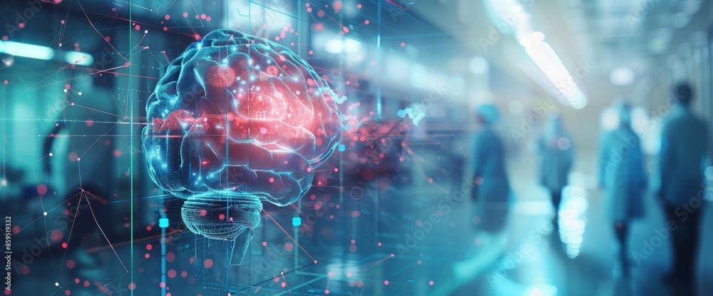 Abstract futuristic digital medical technology background, with a holographic human brain and many numbers as the background, a blurred hospital room Abstract futuristic digital medical technology background, with a holographic human brain and many numbers as the background, a blurred hospital room