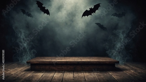 Old dark brown wooden table in Halloween style, empty with Bats. Generative AI photo