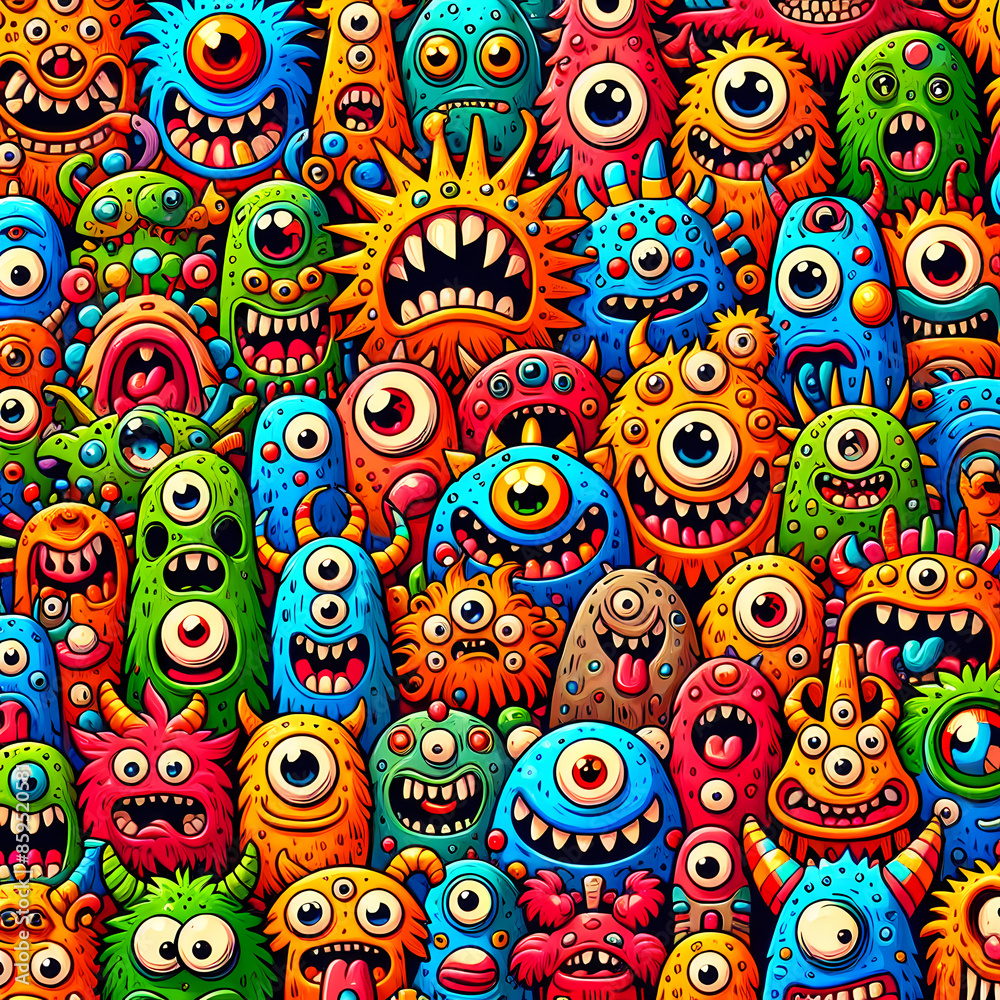 Naklejka premium A World of Whimsy: Cute and Colorful Monster Pattern