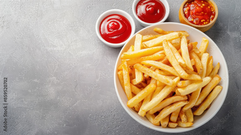 Crispy French Fries in a Bowl with Condiments, Food Photography, Fast Food Concept Crispy French Fries in a Bowl with Condiments, Food Photography, Fast Food Concept