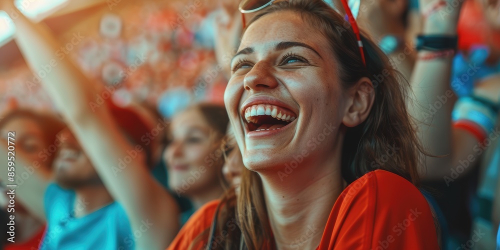 jubilant spectators at a football stadium arena. Emotional applause from the crowd. Woman watching cup with a smile. A woman looks at the camera. Goal score is enjoyed by the wild female. jubilant spectators at a football stadium arena. Emotional applause from the crowd. Woman watching cup with a smile. A woman looks at the camera. Goal score is enjoyed by the wild female.