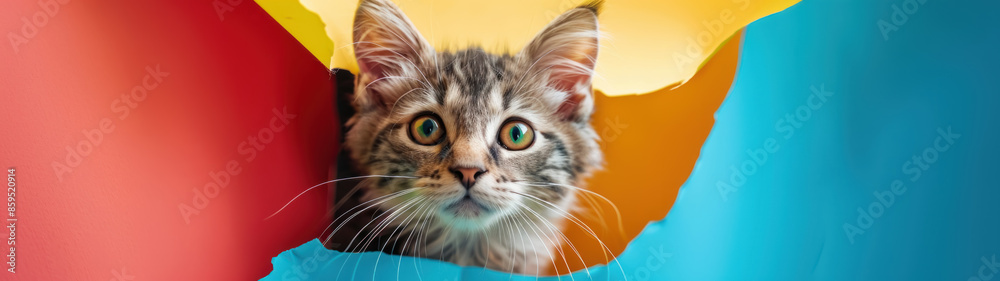 Curious Cat Peering Through Vibrant Paper Wall Curious Cat Peering Through Vibrant Paper Wall