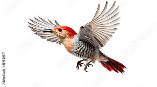 Red-bellied woodpecker flying PNG. Red-bellied woodpecker isolated. Bird with luscious red feathers PNG