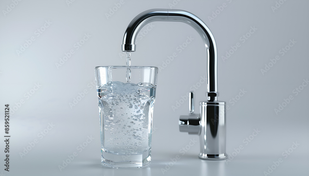 Stream of water flowing from tap in kitchen, space for text Stream of water flowing from tap in kitchen, space for text