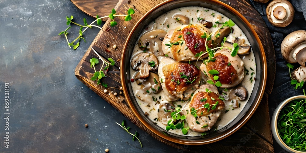 Creamy white wine chicken fricassee with mushrooms and microgreens. Concept Creamy Sauce, White Wine, Chicken Fricassee, Mushrooms, Microgreens Creamy white wine chicken fricassee with mushrooms and microgreens. Concept Creamy Sauce, White Wine, Chicken Fricassee, Mushrooms, Microgreens