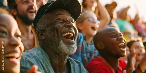 Male members of the extended family attending a game from the stands, supporting their sports team.