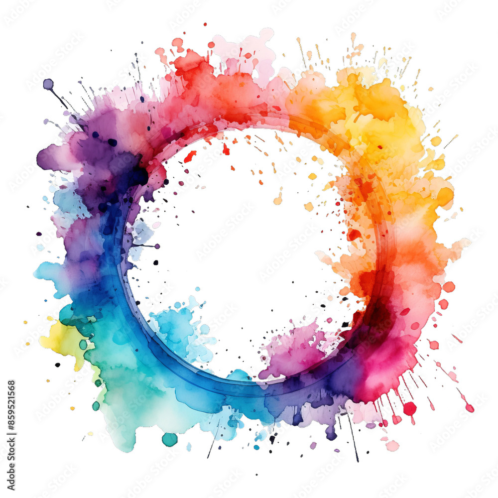 Obraz premium Circular frame made of watercolor splashes, isolated on transparent background.