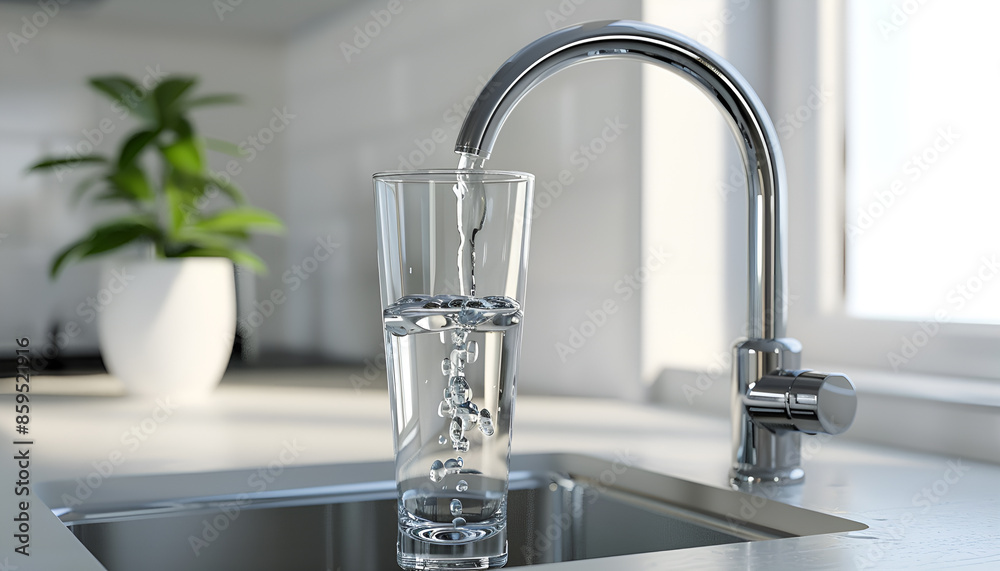 Stream of water flowing from tap in kitchen, space for text Stream of water flowing from tap in kitchen, space for text