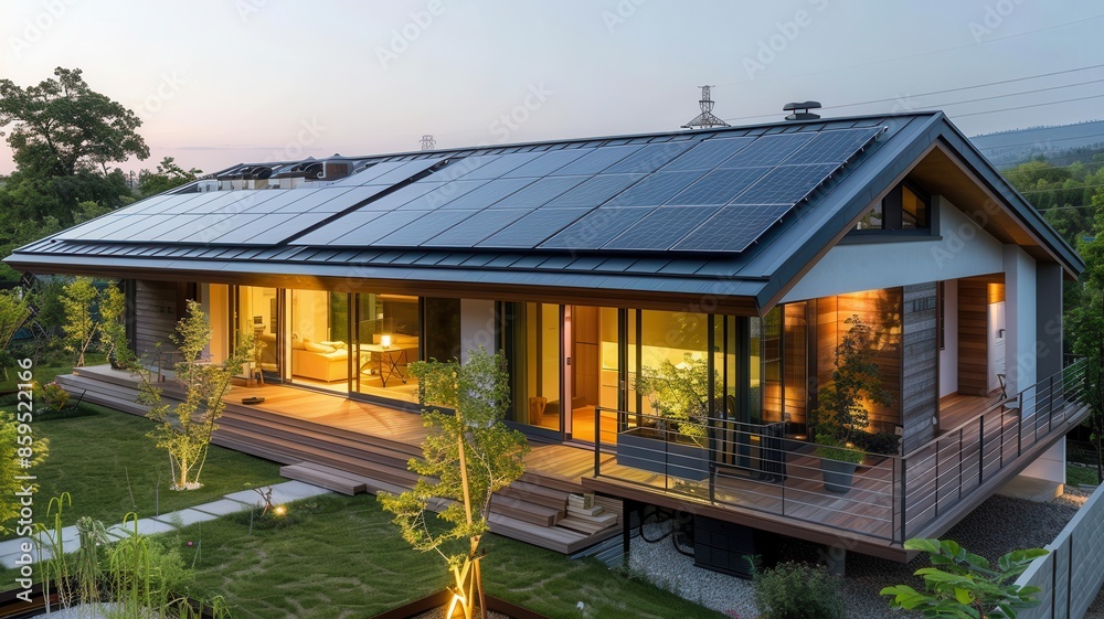 Modern eco-friendly house with solar panels, large windows, and greenery surrounding the property during sunset, outdoor view. Modern eco-friendly house with solar panels, large windows, and greenery surrounding the property during sunset, outdoor view.