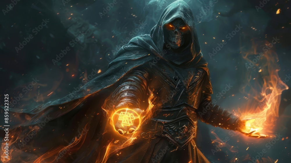Mysterious hooded figure conjuring fiery magic in dark, ominous surroundings, capturing the essence of fantasy and power.