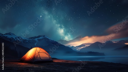 A glowing tent under a starry night sky in a picturesque mountain landscape, perfect for outdoor adventure and nature enthusiasts. photo