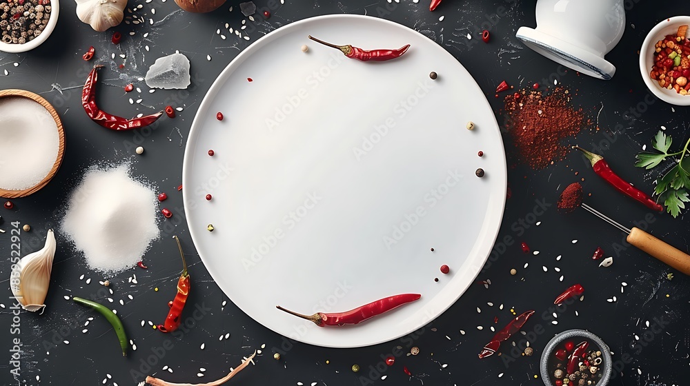 Obraz premium Spices and a White Plate on a Black Background