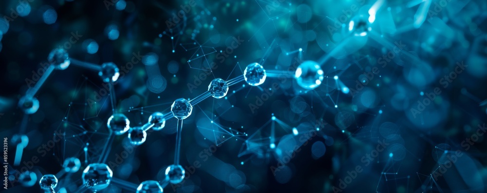Science close up view on molecule and atom model, panorama banner. Generative AI. Science close up view on molecule and atom model, panorama banner. Generative AI.