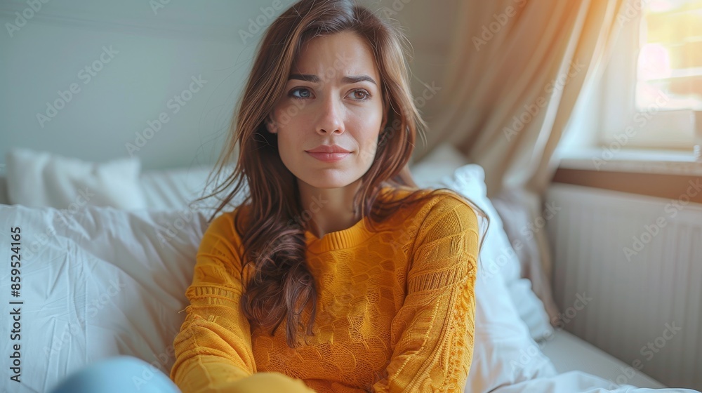 Naklejka premium A young woman wearing a yellow sweater sits on a bed in a bedroom, appearing lost in thought, as she thinks deeply and reflects quietly in a calm and peaceful setting.