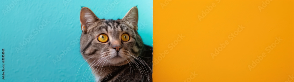 Obraz premium Playful cat exploring colorful wall gap