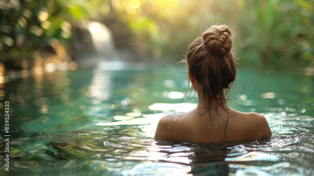 A woman basks in the serenity of a lush, natural environment, enjoying a peaceful swim in clear waters with a beautiful waterfall cascading in the background during golden hour. A woman basks in the serenity of a lush, natural environment, enjoying a peaceful swim in clear waters with a beautiful waterfall cascading in the background during golden hour.