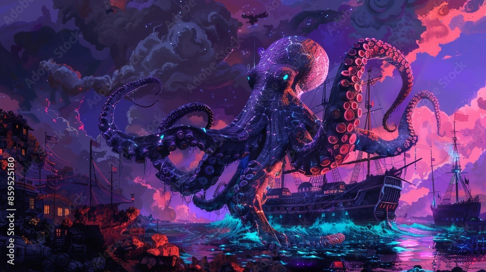 Obraz premium Multichromatic synthwave painting of agargantuan octopus over asunken pirate ship its body is made Generative AI. synthwave ship. Illustrations