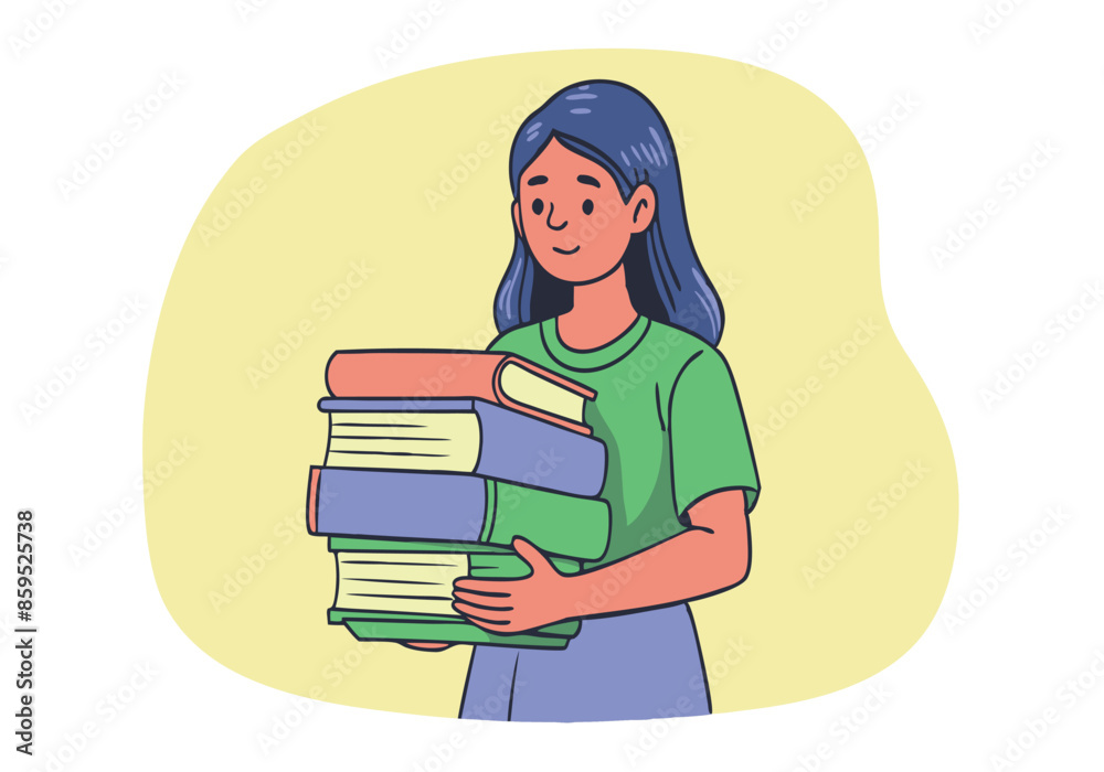 A woman is holding a stack of books A woman is holding a stack of books
