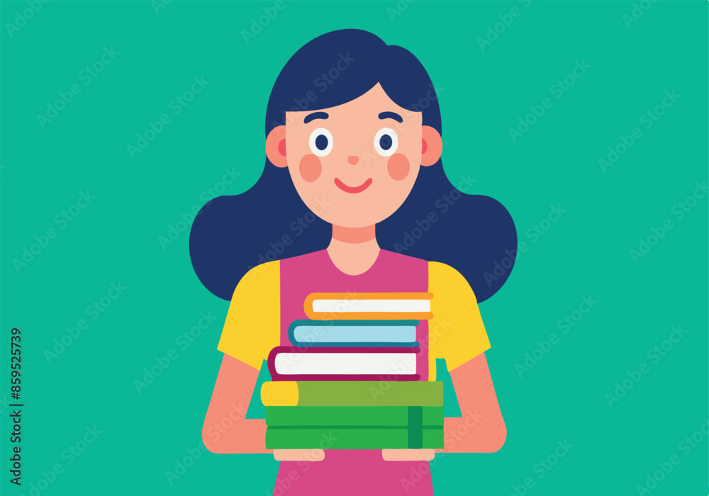 A girl is holding a stack of books A girl is holding a stack of books