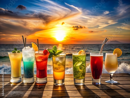 Refreshing Cocktails With A Tropical Sunset. photo