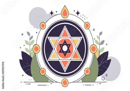 A circle with a star in the middle and a leafy border