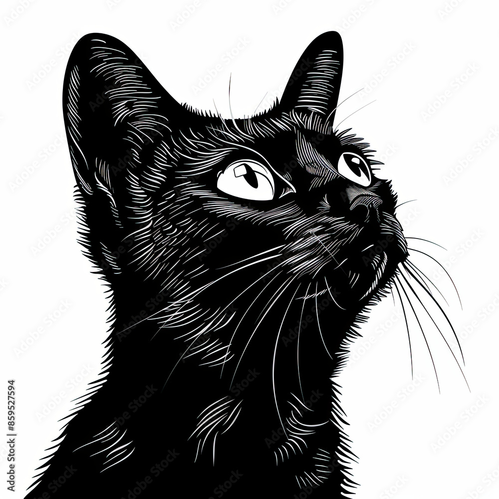 A black and white drawing of a cat looking up A black and white drawing of a cat looking up