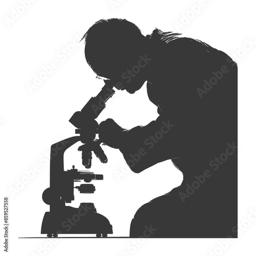 Silhouetted scientist examining specimen under microscope, focused research.
