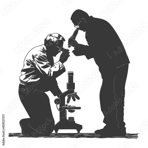 Silhouetted Scientists Examining Specimen via Microscope, Kneeling & Standing Researchers.