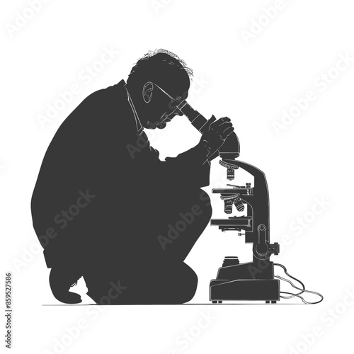 Squatting Scientist: Silhouette of Researcher Analyzing Sample Under Microscope