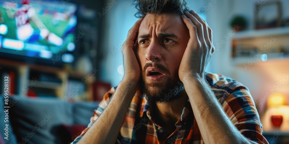 Disappointed football team supporter, furious about team's loss, watching TV Disappointed football team supporter, furious about team's loss, watching TV