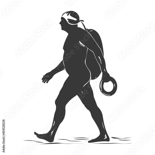 Silhouette of a Nude Traveler with Backpack and Ring, Abstract Vector Illustration
