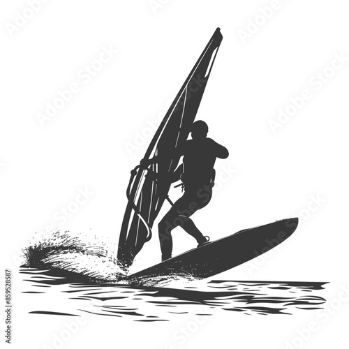 Windsurfer Silhouette: Black and White Vector, Extreme Sport, Water Splash.