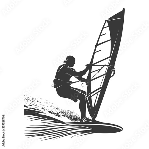 Windsurfer Silhouette: Vector Graphic of Action Sport, Isolated on White.