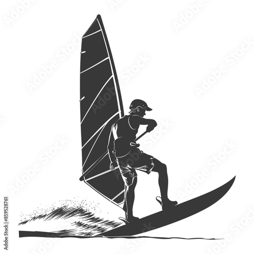 Windsurfer Silhouette: Man in Cap Gliding on Water, Dynamic Vector Illustration
