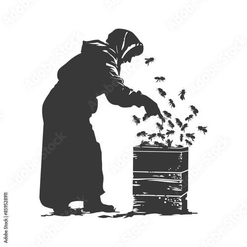 Silhouetted Beekeeper: Hooded Figure Tending Hive with Swarming Bees, Monochromatic Illustration.