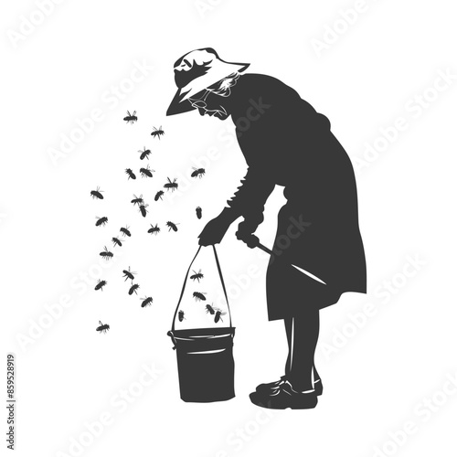 Silhouetted Beekeeper: Harvesting Honey with Swarming Bees and Bucket.