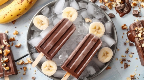 Dairy free banana chocolate pops with hazelnut spread Creamy nicecream and fudgesicles Blank backdrop photo
