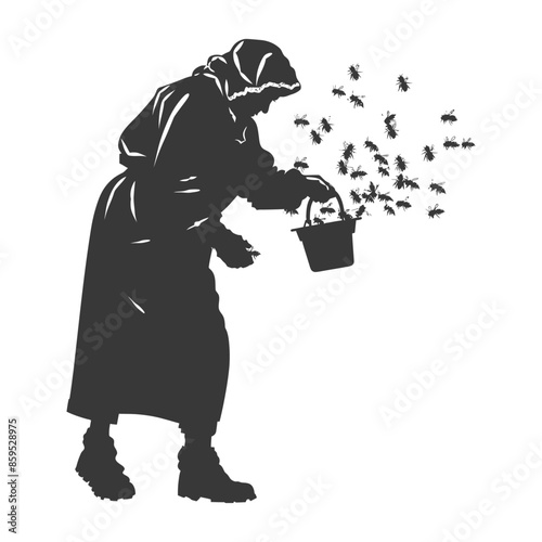 Silhouetted beekeeper feeding swarm from bucket, hooded figure in monochrome on white.