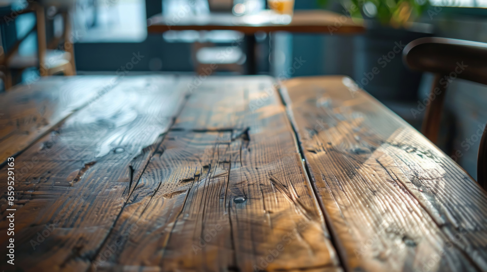 Wooden table close up in a cozy cafe, concept for food and drink presentation
