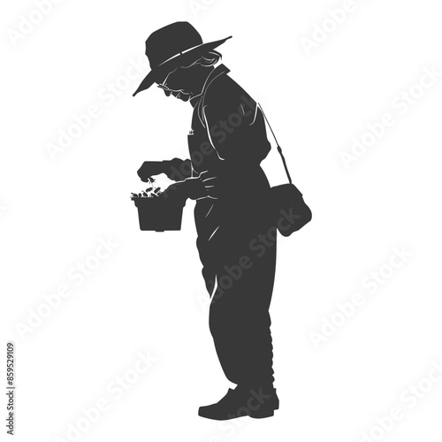 Silhouette: Beekeeper with Hive & Hat, Examining Honeycomb.