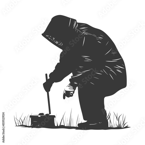 Silhouetted Beekeeper Inspecting Hive, Hooded Suit, Isolated on White.