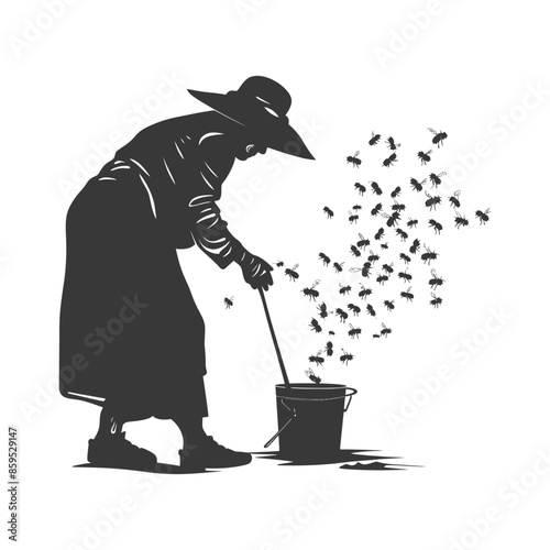 Silhouetted Beekeeper & Swarm: Vintage Vector Illustration of Apiculture & Traditional Methods