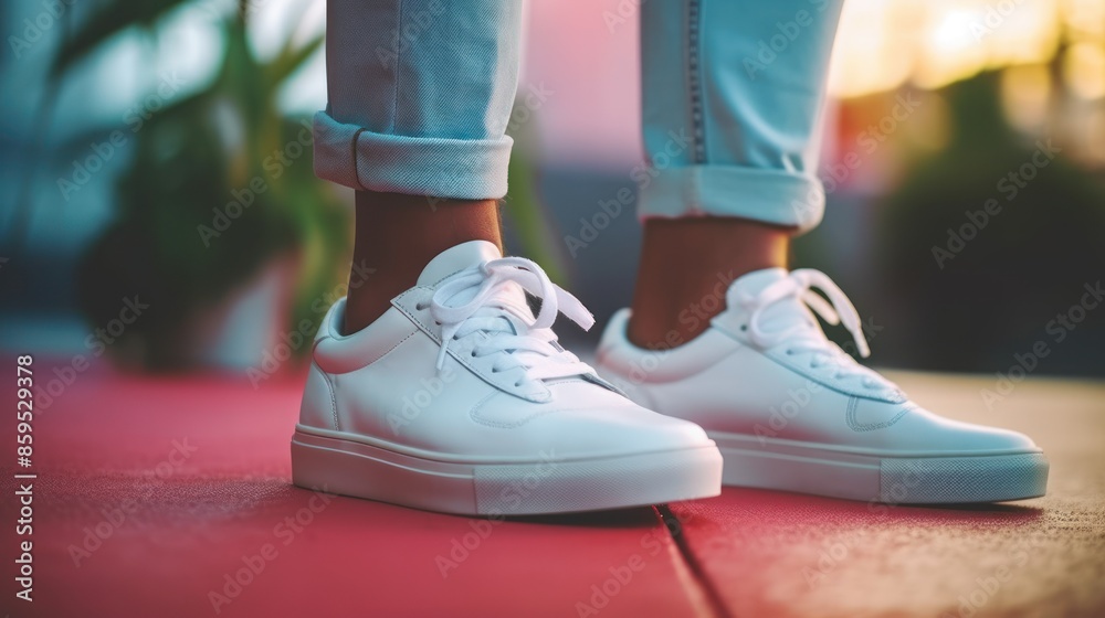 Stylish White Sneakers on Urban Backdrop Stylish White Sneakers on Urban Backdrop