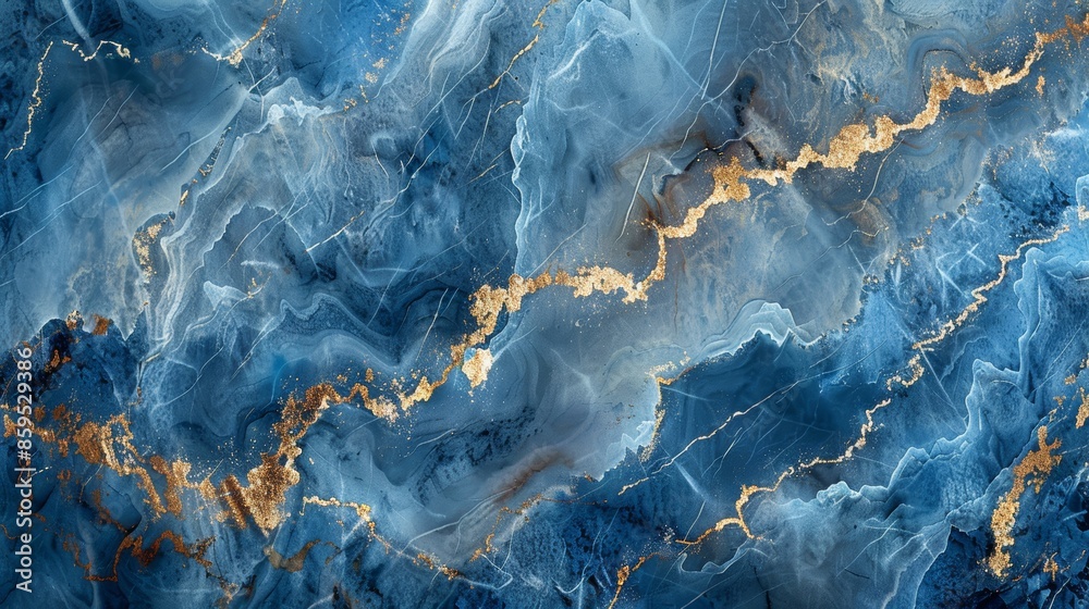 Abstract blue and gold marble texture. Swirling patterns and veins create a dynamic and elegant background.
