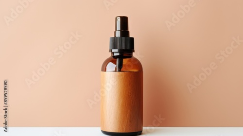 Elegant hand holding dropper bottle on beige background for skincare and essential oils marketing © sorin