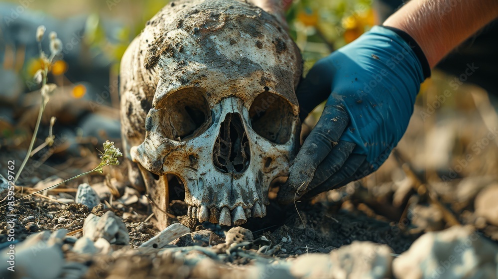 An archaeologist's gloved hands gently handle an almost intact ancient skull found at an excavation site, epitomizing the fragility and value of historical remains. An archaeologist's gloved hands gently handle an almost intact ancient skull found at an excavation site, epitomizing the fragility and value of historical remains.
