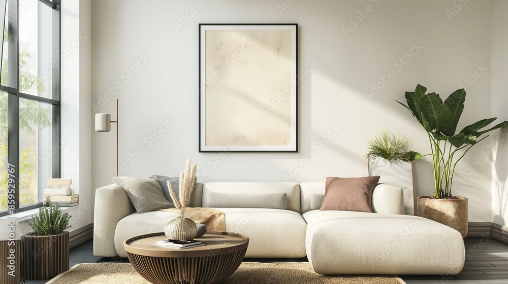 frame mockup, home room interior with sofa, framed wall poster frame mockup, home room interior with sofa, framed wall poster