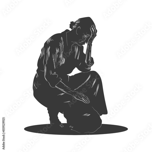 silhouette elderly woman holding headache in pain black color only