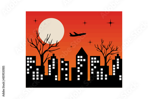 Halloween city silhouette in the evening towards night using plane tree design