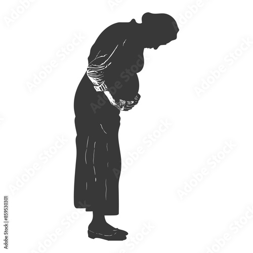 Elderly Woman Silhouette: Bent, Hands on Stomach, Full Length View, Black and White.